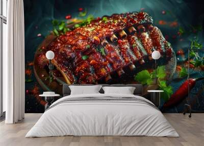 Deliciously glazed barbecued pork ribs on a rustic wooden plate, garnished with fresh herbs and spices for a mouthwatering meal. Wall mural