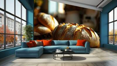 Freshly baked artisanal bread on a wooden board in a cozy kitchen setting with warm sunlight filtering through. Wall mural