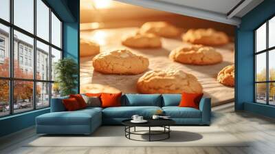 Freshly baked cookies cooling on a tray, golden brown and delicious, perfect for indulging or sharing with friends and family. Wall mural