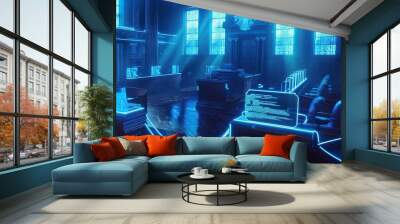 Futuristic courtroom featuring glowing blue elements and high-tech design, merging tradition with cutting-edge technology. Wall mural