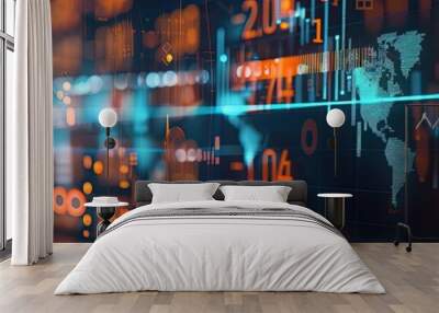 Futuristic digital interface displaying financial data analysis with world map and technological elements in a vibrant, high-tech environment. Wall mural