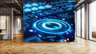 Futuristic digital interface with glowing blue elements, representing technology and data visualization in an abstract design. Wall mural