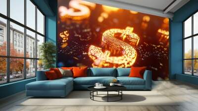 Golden dollar symbols shining brightly against a dark background, representing wealth, finance, and investment concepts. Wall mural