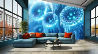 Microscopic blue organisms frozen in ice, illuminated by a soft glow, abstract background. Wall mural