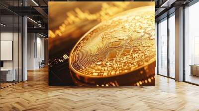 Shiny gold coin with a graph background, symbolizing investment and financial growth in the cryptocurrency market. Wall mural