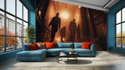 Silhouettes of people walking through a dimly lit abandoned hallway with a mysterious and eerie atmosphere. Wall mural