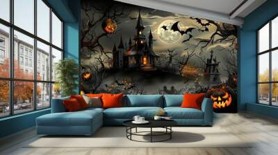 Spooky Halloween night with a haunted mansion, pumpkins, bats, full moon, and eerie trees. Perfect for Halloween and horror themes. Wall mural