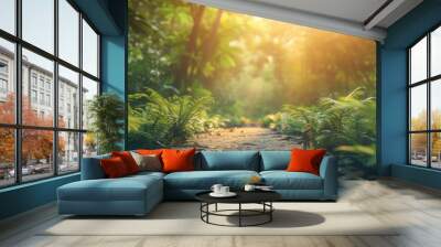 Sunlight filters through a lush green forest with a narrow path leading into the distance, creating a serene and tranquil natural scene. Wall mural