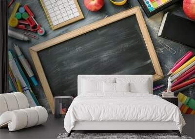 Top view of a blank chalkboard surrounded by colorful school and office supplies on a wooden desk, ready for back to school. Wall mural