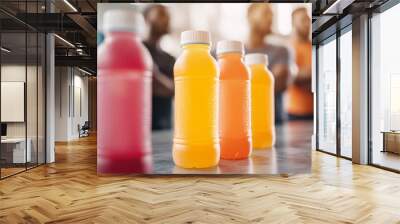 A group of athletes huddled around a table holding brightly colored sports drinks, the bottles clearly marked with carbohydrate benefits. The setting is a well-lit gym, with workout gear visible in Wall mural