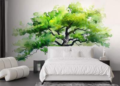 A hand-drawn watercolor depiction of a solitary tree on a white background, featuring vibrant green foliage and a sturdy brown trunk. The tree's leaves are painted with varied shades of green, Wall mural