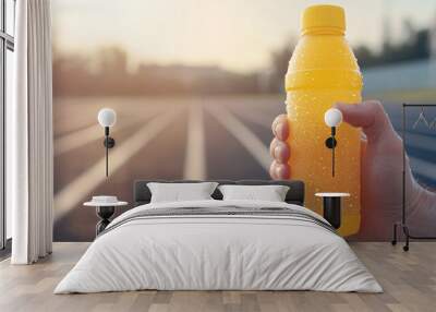 A hand gripping a cool sports drink bottle in bright yellow, with condensation dripping down. The background shows a hazy running track on a sunny day, subtly suggesting the drinkâ€™s connection to Wall mural