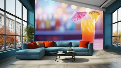 A tropical cocktail, complete with a paper umbrella and a slice of pineapple, is positioned on a vibrant, colorful bar counter. The background is subtly blurred, showing an array of bottles and Wall mural