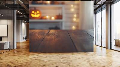 The smooth surface of a dark wooden table is prominently displayed, its texture in focus. The background reveals a cozy room, softly blurred, with Halloween decoration a jack-o'-lantern glowing on a Wall mural