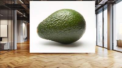 This detailed photograph features a fresh avocado in a realistic style, isolated against a stark white background. The lighting is precisely focused to illuminate the avocado's uneven, rough skin, Wall mural