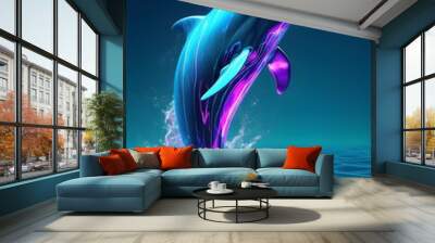 Dolphin silhouette jumping out of ocean water Wall mural