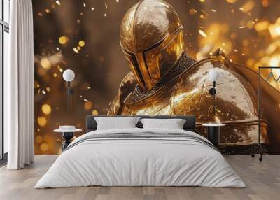 A high-resolution 4K image of a golden warrior with shining golden armor, standing in a golden battlefield, Wall mural