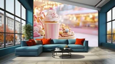 Delicious dessert display with colorful macarons and a frosted cupcake in a festive market setting. Wall mural