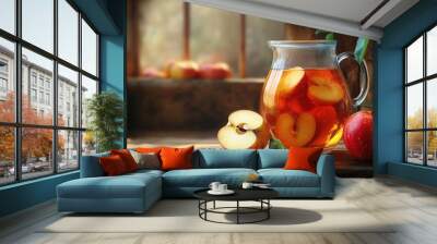 Realistic Freshly pressed apple cider in jug, Wall mural