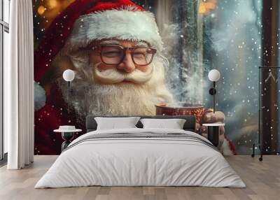 18. Santa holding a steaming mug with snow falling outside the window and a warm glow on his glasses Wall mural