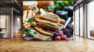 A close-up of a rustic wooden board filled with a variety of delicious sandwiches, cheeses, and fruits Wall mural