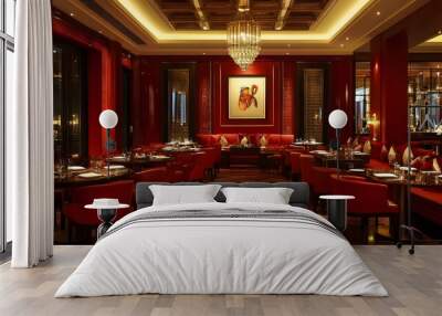 A refined atmosphere with deep red tones and a selection of gourmet small plates Wall mural