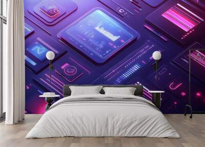 Floating tech interfaces on a muted background with smooth gradients Wall mural