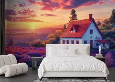 Countryside Retreat in Bloom, Illustrate a tranquil countryside retreat with a white house and a red roof Wall mural