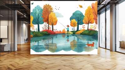 Dog fishing by a forest lake, clipart with vibrant woodland scenery, trees, and a calm water setting, in a cheerful style Wall mural