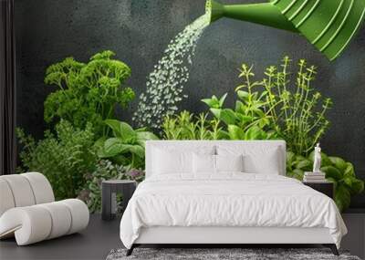 Horticulture producer watering a variety of herbs in a garden, herb garden, aromatic and fresh Wall mural