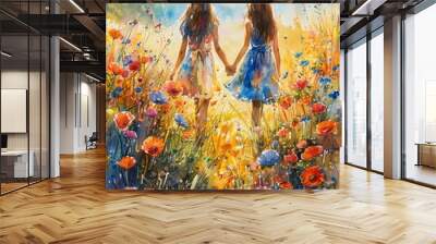 Two best friends holding hands, walking through a vibrant flower field, both wearing flowing dresses, sunlight streaming through, Watercolor, Bright Colors, Soft Washes, Cheerful details Wall mural