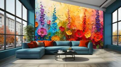 Vibrant, abstract representation of a summer garden, oil paint with palette knife strokes, on a lively background, featuring colorful flowers and dramatic lighting Wall mural