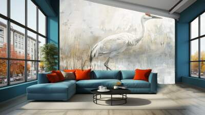 Whooping Crane in elegant stance soft pastel watercolor blending whites and grays with a peaceful wetland background Wall mural