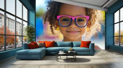 Happy child with curly hair wearing pink glasses smiling outdoors on a sunny day. Wall mural