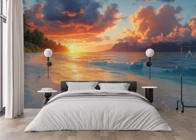 Stunning sunset over a tropical beach with clear blue water and white sand. Wall mural