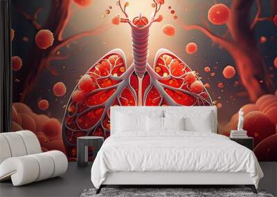 Abstract red blood cells floating in blue ocean water, resembling seafood octopus tentacles Wall mural