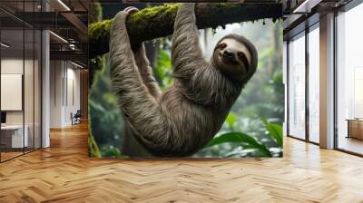 A sloth with soft gray fur glistening with dew. Hanging upside down from a strong, moss-covered branch Wall mural