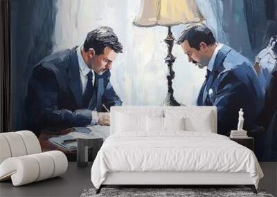 Two men collaborating at a desk with papers. Wall mural