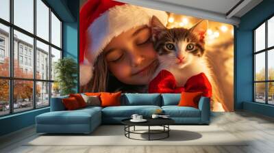 A festive image of a girl in a Santa hat, lovingly holding a cat adorned with a red bow, surrounded by twinkling lights. Wall mural