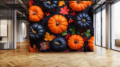 A vibrant autumn arrangement featuring orange and black pumpkins surrounded by colorful leaves and berries. Wall mural