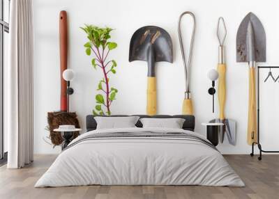 Assorted gardening tools on a white background, showcasing essential equipment for plant care Wall mural