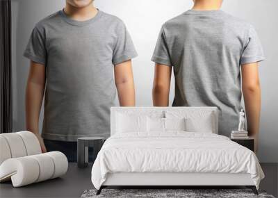 Boy Wearing a Blank Gray Front and back t-shirt design mock up. Wall mural