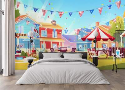 Cartoon illustration of a neighborhood block party with patriotic decorations Wall mural