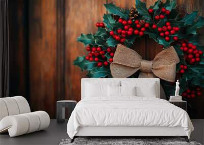 Close-up of a Beautifully Arranged Christmas Wreath Wall mural