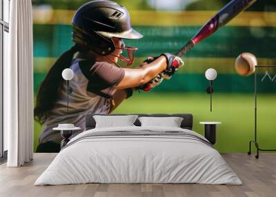 Close-up of an athletic girl swinging a bat in a softball game, focusing intently on the ball Wall mural