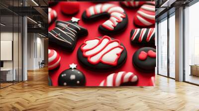 Colorful cookies with red and black icing, featuring festive designs like stripes, swirls, and holiday shapes on a vibrant red background. Wall mural