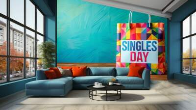 Colorful Shopping Bag with Singles Day Text on Wooden Table. Wall mural