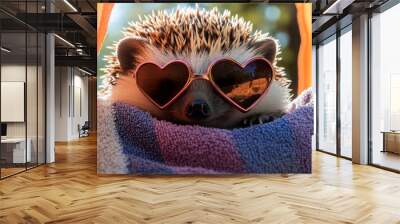 Cute Hedgehog Wearing Heart-Shaped Sunglasses, Resting On A Colorful Towel. Wall mural