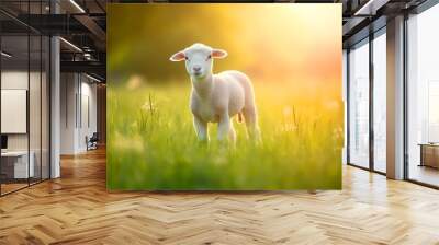 Cute little lamb on fresh spring green meadow during sunrise background Wall mural