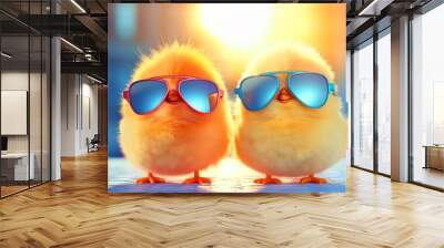 Cute Two little yellow chickens in sunglasses on a bright sunny day, Funny easter concept.
 Wall mural